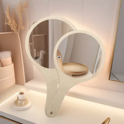 Manufacturer Wholesale Wooden Makeup Mirrors with Silver Mirror Handles Portable Creative Handheld Mirrors Discounted Wood Art