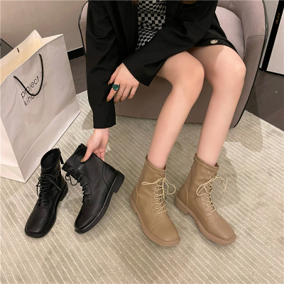 114044 Fashion Thin Boots Martin Boots Women's Autumn New Style square Head Thick Heel Front Lace up Soft Leather Short Boots