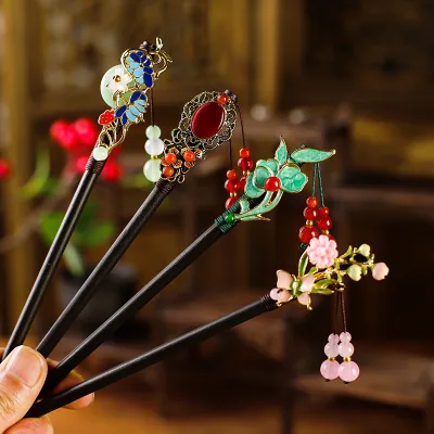 Traditional Chinese-style Retro Handmade Hairpin Imitation Ebony Jade-accented Tassel Dangling Hair Ornament Antique-flavored