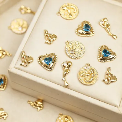 DIY Brass Pendant Charm Vintage Mermaid Star Heart 3D Embossed Thick Gold Plated Jewelry Findings Charm for Necklace Bracelet
