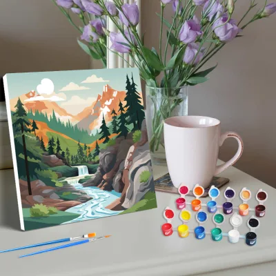 For CHENISTORY Easy-to-Paint Cartoon Forest River Landscape Starter Kit for Wall Art Picture Printed DIY Gift