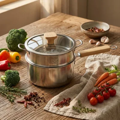 Wholesale 316 Stainless Steel Triple Ply Uncoated Milk Pot Steamer Set with Glass Lid No Stick Steamer Milk Pot Sustainable