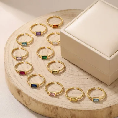 Rectangular Birthstone Open Ring 18K Gold Plated Adjustable 12 Month Gemstone Beaded Band Birth Stone Set Jewelry Gift