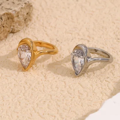Ladies' best-selling ring stainless steel ring with teardrop white diamonds.