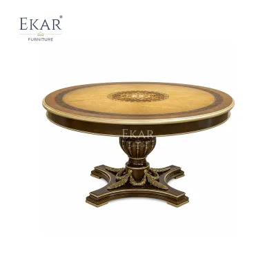 American Empire Burl-Wood Pedestal Dining Table | Luxury Classical Gold-Accented Round Table - EKAR FURNIT