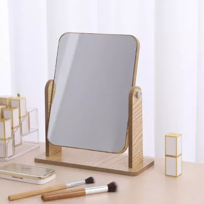360-Degree Rotate Rectangular Makeup Wood Mirror With Wooden Base Free Stand Mirror Tabletop Mirror Wooden Stand