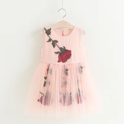 China Wholesale Rose Flower Kids Girls Sleeveless Dress Patterns
