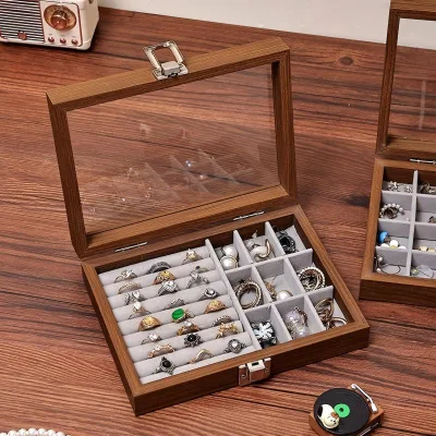 Vintage Modern Wooden Rectangle Jewelry Storage Box Clear Glass Lid Velvet Compartment for Ring Earring Bracelet Display