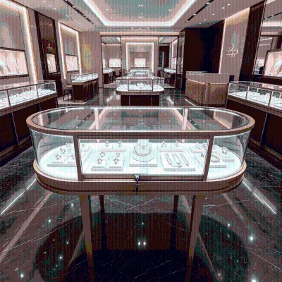 Oval Diamond Jewelry LED Display Island Cabinet Luxury Jewelry Shop Interior Design Lockable Stainless Steel Watch Showcases