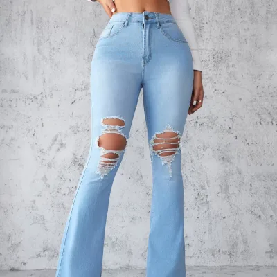 2024 Vintage Flared Denim Pants for Women High Waist Solid Breathable Long Pants Washed Commuters for Spring Summer Casual Style