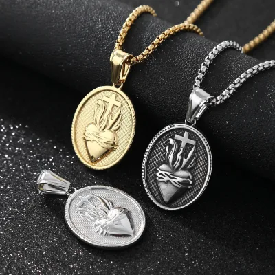 Vintage Stainless Steel Heart and Sword Metal Necklace Flower Jesus Cross Pendant Necklace