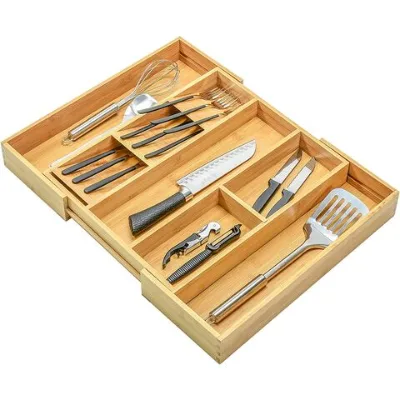 Drawer Dividers Cutlery Tray Silverware Organizer Bamboo Expandable Drawer Organizer for Utensils Holder