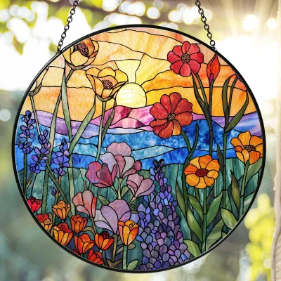 Hanging Circular Landscape-themed Painted Glass Decorative Piece Solar Collector Orange Sunrise Catcher Glass Panel Hanging