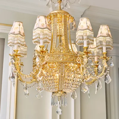Ornate French Provincial Brass Pendant Light 24K Gold Plated Finish Multi Tier Crystal Fringed Fabric Shades Villa Home Interior