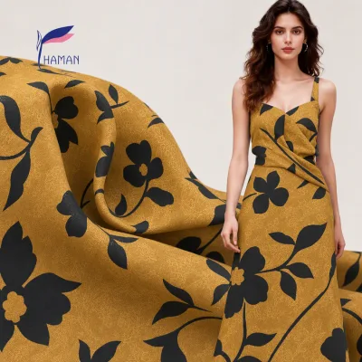 100% Silk Crepe De Chine Fabric Waterproof Yellow Base Black Floral Print 60GSM Lightweight for Women Dresses Wedding Costume