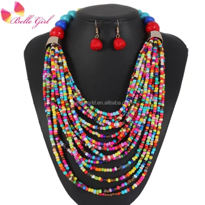 BELLEWORLD Handmade Bohemia Necklace Colorful Rice Beads Beaded Multi-layer Necklace Exaggerated Necklace Earrings Set for Women