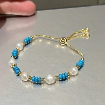 New Romantic Green Pine 18K Gold Plated Women's Anniversary 7-8mm Natural Freshwater Baroque True Pearl Chain Link Adjustable