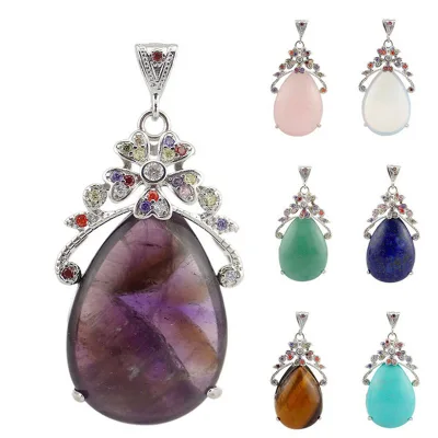 New Arrival Natural Gemstone Crystal Water Drop Shaped Pendant with Flower