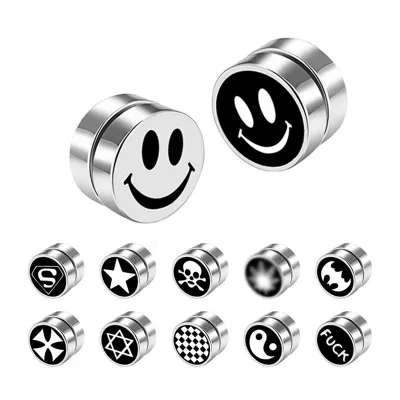 stainless steel Dumbbell Men Hip Hop Punk Black grid Smiling Face Magnetic Stud EarRings no ear piercings