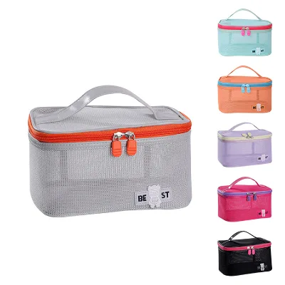 Low MOQ Large Capacity Mesh Cosmetic Bag Lightweight Visible for Makeup Organizer Soft Handle Travel Lady Foldable Zipper