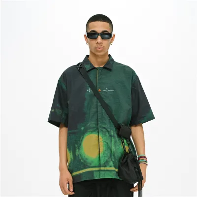 Wholesale Mens Stylish Shirts Washed Printed Single Button up Polyester Short Sleeve Men Shirts