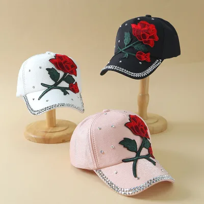 HY7 Outdoor Fashion Rose Sunscreen and Sun Shade Duck Tongue Hat for Women Spring and Summer Dot Diamond Ball Hat Trendy Sun Hat