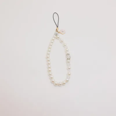 Handmade Elegant White Pearl & Crystal Beaded Wrist Phone Lanyard, Camellia Flower Charm with Rhinestone Decor