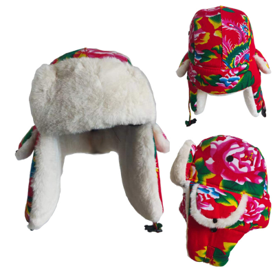 Men Women Winter Trapper Hat Trooper Russian Fur Hat Chinese Style Floral Printed Earflap Winter Hat