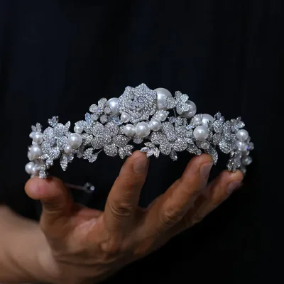 Elegant Pearl Zircon Bridal Tiara Diamond Wedding Crown for Princess Women Girl