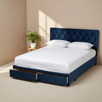 Modern Design Blue Velvet Upholstered Bed with Drawers for Storage Function