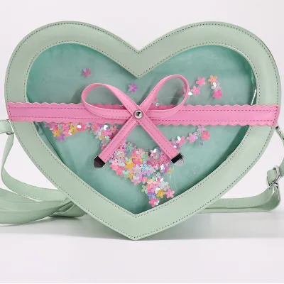 Custom Design Heart Transparent Window Pin Display Bag Ita Backpack with Sequins