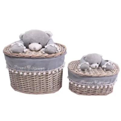Cheap Small Oval Lidded Houseware Wicker Storage Baskets with Toy Animal Handle Set of 2