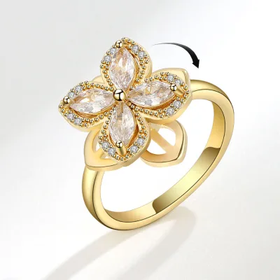 Wholesale Zircon Flower Shape Anxiety Spinner Fidget Rings Adjustable Rotatable Zircon Birthstone Rings for Teen Girls