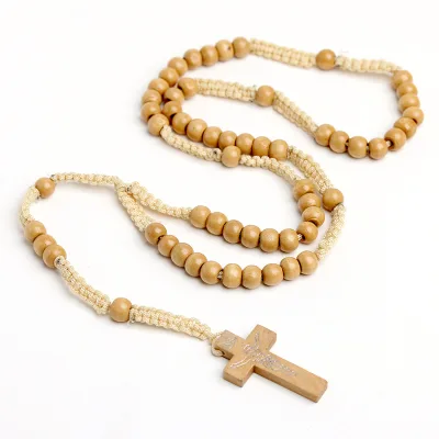 Natural Wood Beads Jerusalem Rosary Necklace Hand Woven Cross Necklace
