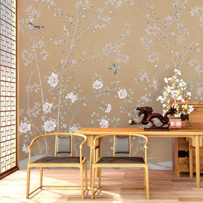 Interior Decoration Flower Floral Bird Chinoiserie Mural Wallpaper Lilac Luxury Sophisticated Wallcoverings Home Decor