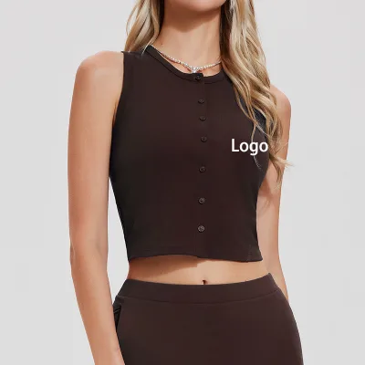 Newest Sleeveless Women Crop Yoga Top With Button Leisure Breathable Tennis&Yoga Wear Quick Dry Solid Color Women's tank Tops