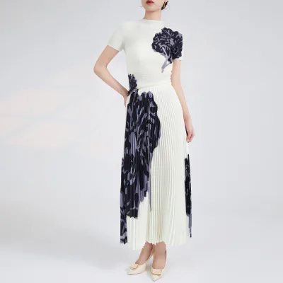Long Handmade Skinny Fit Pleated Ankle-Length Floral Printed T-shirt Casual 100% Polyester Skirt Suit Women Summer 2 Piece Set