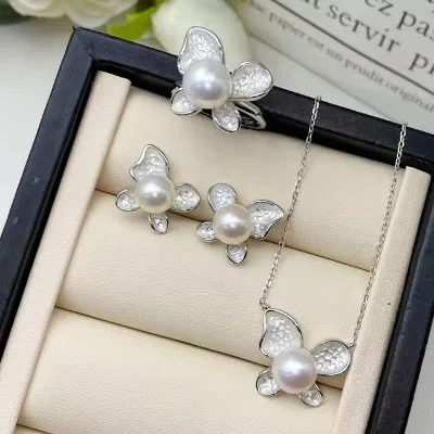 8mm Button White Bridal Wedding Natural Freshwater Genuine 925 Silver butterfly love Pearl Gift Set