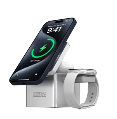 Foldable Magnetic Wireless Charging Station 65W Fast Charging 3 in 1 Wireless Charger Portable Desk Mobile Phone Watch Charger