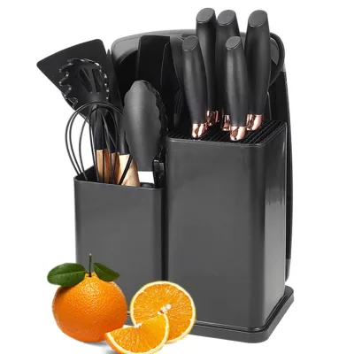 OEM/ODM 19-Piece Silicone Kitchen Knife Set with Wooden Handle Cuttings Board & Special Storage Bin Including Turners Utensils