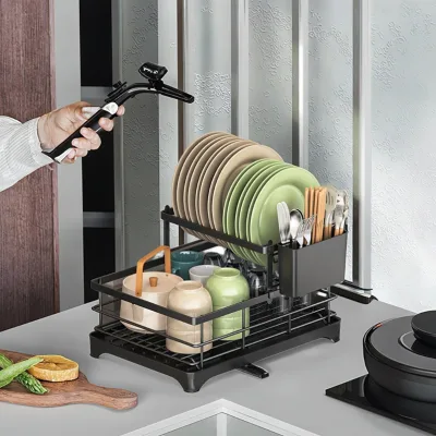 Double Tier Wall Mounted Steel Sustainable Multifunction Kitchen Storage Rack with Drain Tray for Dish and Bowl Organization