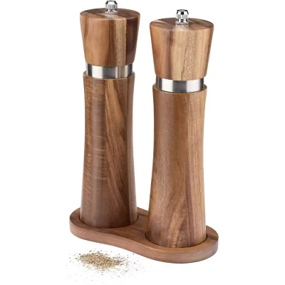 Premium 8-Inch Acacia Wood Stainless Steel & Ceramic Electric Rotary Knob Eco-Friendly Salt and Pepper Grinder