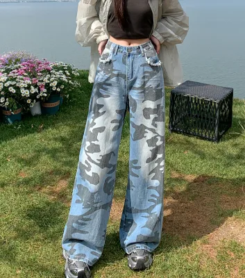 Autumn New Style Chic Girl Style Denim Women's Pants Camouflage Printed Straight Leg Jeans