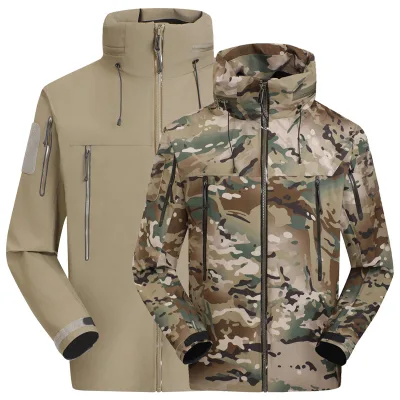 Tri-laminated Camouflage Softshell Jacket for Outdoor Sports Waterproof Stand Collar Winter Fitness Features