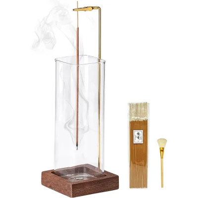 Wooden Incense Stick Holder with Glass Ash Catcher Anti-ash Wood Incense Burner for Meditation Yoga Spa Room Decor
