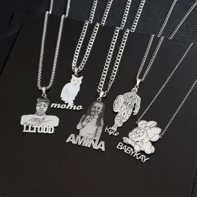 Best Souvenir Stainless Steel Link Chain  Personalized Custom Photo Cartoon Drawing Nameplate Necklace