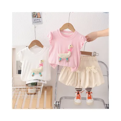 New Summer Children Cute Cartoon Three-dimensional Doll Sleeveless Lace Bow Pants Two-piece Set