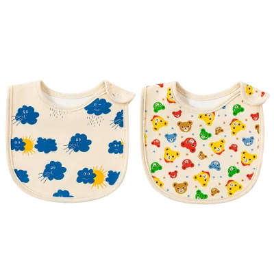 Ins Kids Waterproof Cotton Baby Bib Animal Pattern Saliva Towel with Button Closure Infant Mouth Saliva Pocket 2-piece Set