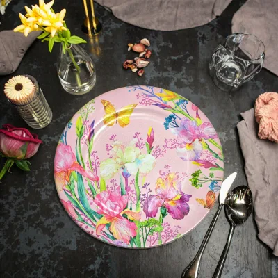 Pink Eco-Friendly Modern Floral Iris Butterfly Printed Plastic Charger Plate Botanical Pattern Decorative Wedding Table