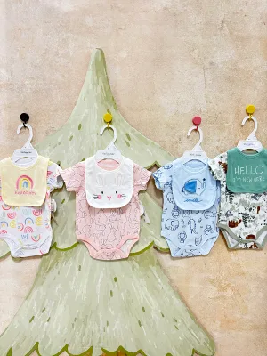 Newborn Unisex Cotton Polyester Floral Pattern Breathable Short Sleeve Triangle Jumpsuit with 2-Piece Bib Set Summer Clothing